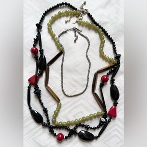 Lot of 3 Acrylic Chico's Black, Red and Green Beaded Necklaces and Silver Chain